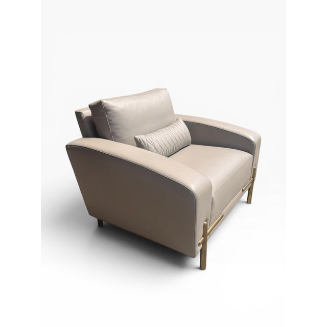 Metal Theodore Alexander Contemporary Taupe Leather Lounge Chair With Brass Accents For Sale - Image 7 of 16