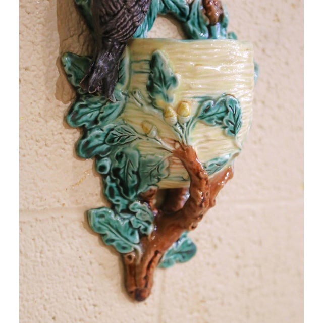 Ceramic 19th Century French Barbotine Wall Pocket With Bird Motif and Oak Leaves For Sale - Image 7 of 12