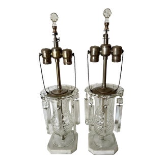 Pair of Antique Crystal Table Lamps With Prisms and Marble Base For Sale