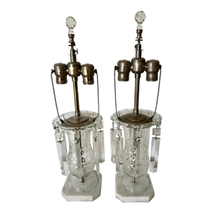 Pair of Antique Crystal Table Lamps With Prisms and Marble Base
