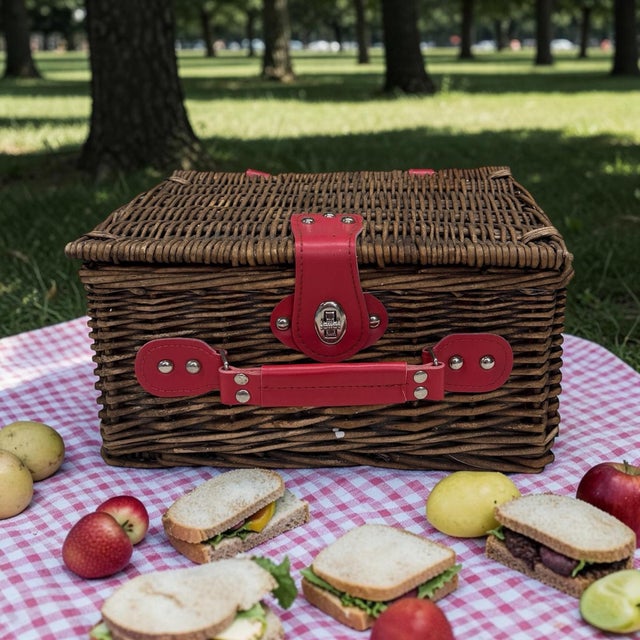 Vintage picnic basket with red leather details. Use for picnic supplies or for decor. Measures 13” w x 10” d x 6.5” h....