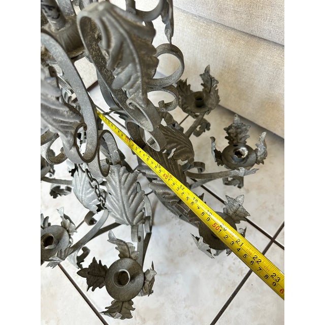 Vintage Patina Wrought Iron Tole Leaf 8 Candle Chandelier 30" Heavy French Style For Sale - Image 11 of 13