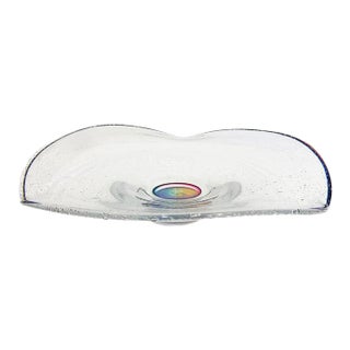 Vintage Blown Art Glass Bowl Platter With Swirling Colors For Sale