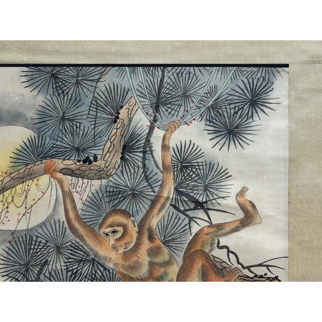 Oriental Scholar Monkeys Ink Brush Color Scroll Painting Wall Art For Sale In San Francisco - Image 6 of 11