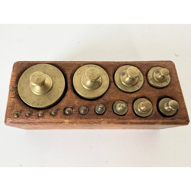 Abstract 19th Century Antique French Brass Scale Weight Set With Original Wood Box For Sale - Image 3 of 12