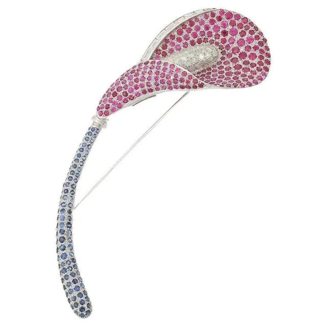 6.3ct Ruby and Sapphire Brooch Pin With Diamonds in 18k Solid White Gold For Sale - Image 4 of 14