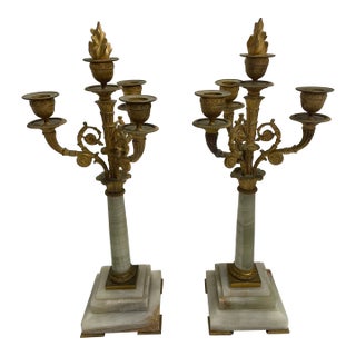 19c Pair French Neoclassical Dore Bronze & Marble Candelabras For Sale