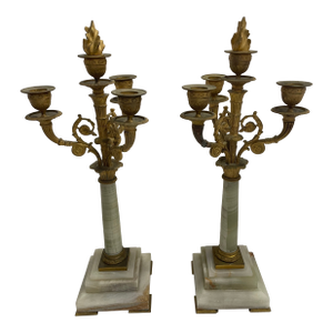 19c Pair French Neoclassical Dore Bronze & Marble Candelabras