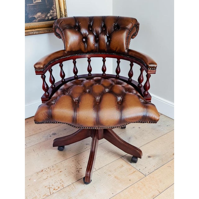 Antique Style Chesterfield Swivel and Tilt Captain's Chair in Brown Buttoned Leather, 1990s For Sale - Image 6 of 18