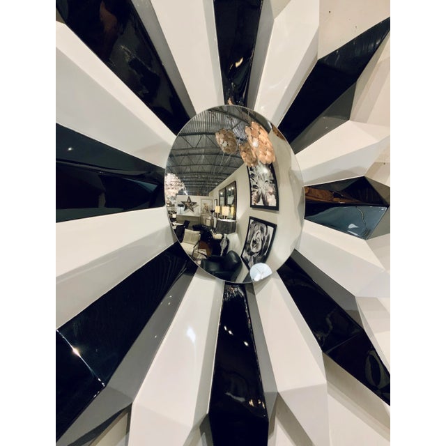 Stylish Christopher Guy Contemporary Black and White Lacquer Starburst Wall Mirror, convex mirror, showroom floor sample