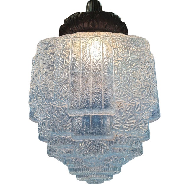 Blue Art Deco Copper Acanthus Leaf Pendant Light W Skyscraper Cobalt Blue Glass Shade For Sale - Image 8 of 9