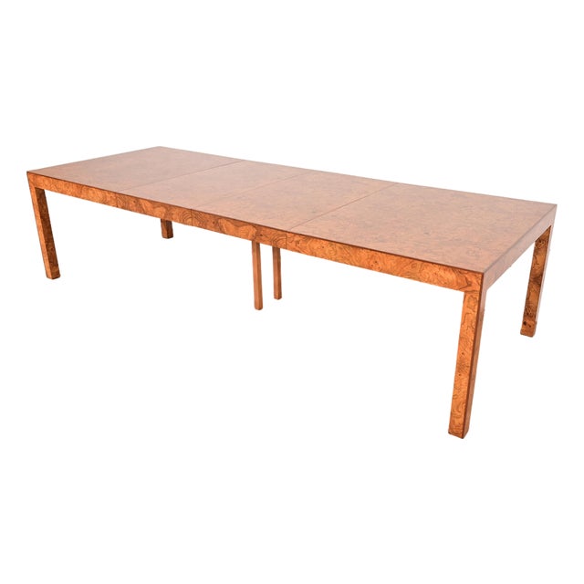 Milo Baughman Style Burl Wood Parsons Extension Dining Table, Newly Refinished For Sale