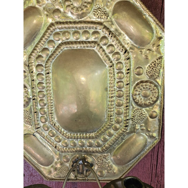 Metal Antique Pair of Hammered Brass Folk Art Swedish Two Arm Sconces - Set of 2 For Sale - Image 7 of 7