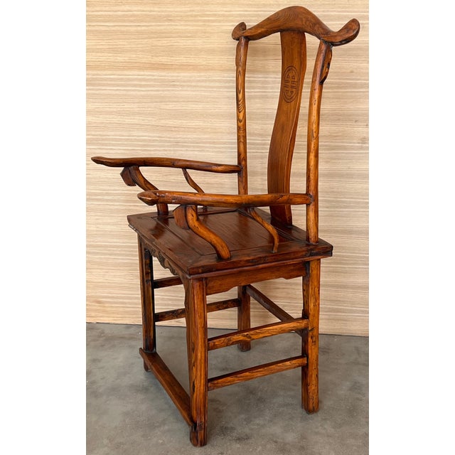 Brown Early 20th Century Pair of Chinese Ming Style Carved Wood High Back Throne Armchairs For Sale - Image 8 of 18