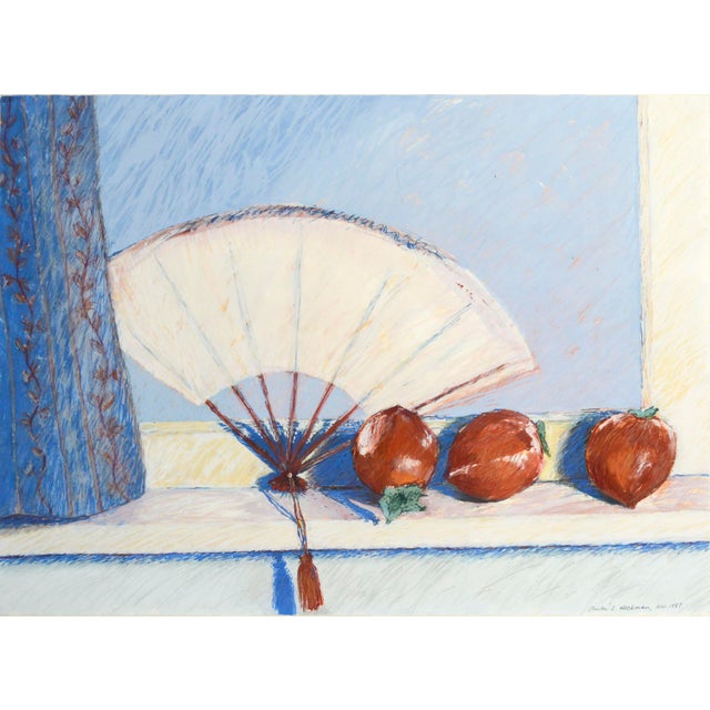 Hachiya Persimmons & Fan, Modern Still Life with Red-Orange and Blue Lovely modern still-life of a fan and persimmons by...