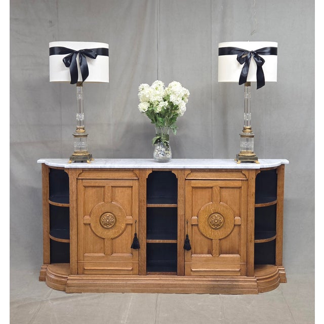 Antique Early 1900s Oak Console Cabinet With Doors, Shelves and a Marble Top For Sale - Image 18 of 18