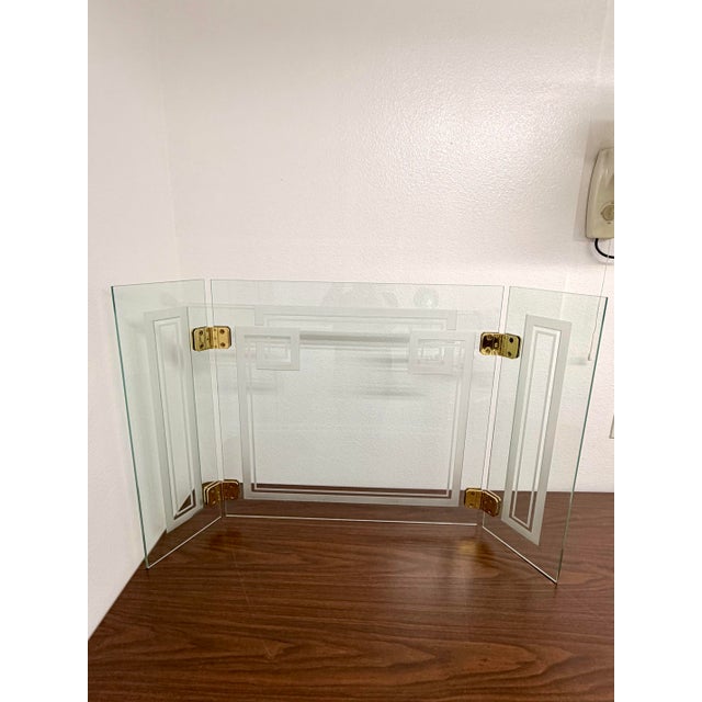 Vintage Art Deco Etched Glass Fireplace Screen With Brass Hardware For Sale - Image 4 of 12