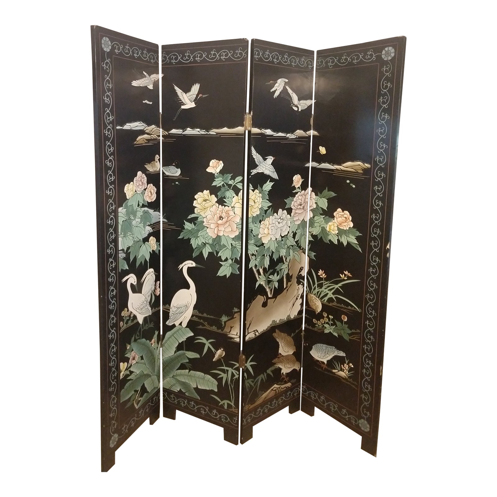 Mid 19th Century Vintage Chinoiserie Black Lacquer Room Divider Chairish