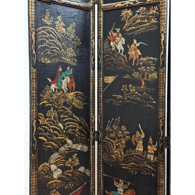 Antique Early 20th C Chinese Hand-Painted Coromandel Gilded Screen For Sale - Image 4 of 16