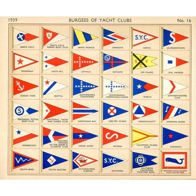 Original sailing lithograph featuring American yachting club flags from a 1930s guide to yachts and their owners. The...