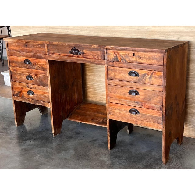 Early 20th Century 1920's Spanish Secretaire Pine Work Pedestal Desk For Sale - Image 5 of 18
