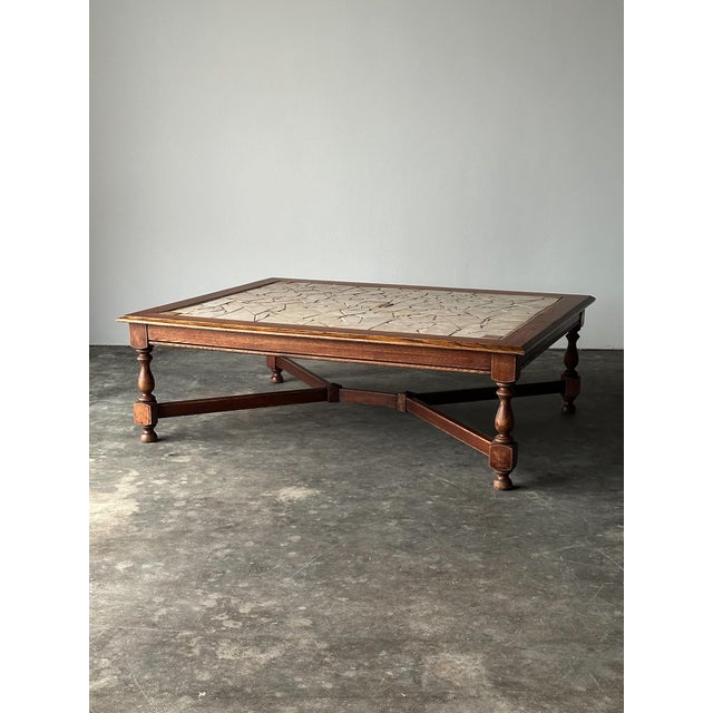 1970s Hand-Laid Stone Mosaic Coffee Table on Vintage Oak Trestle Base For Sale - Image 18 of 18