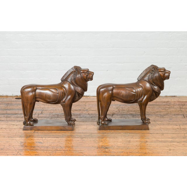 Vintage Bronze With Dark Patina Lion Sculptures on Bases - A Pair For Sale - Image 10 of 13