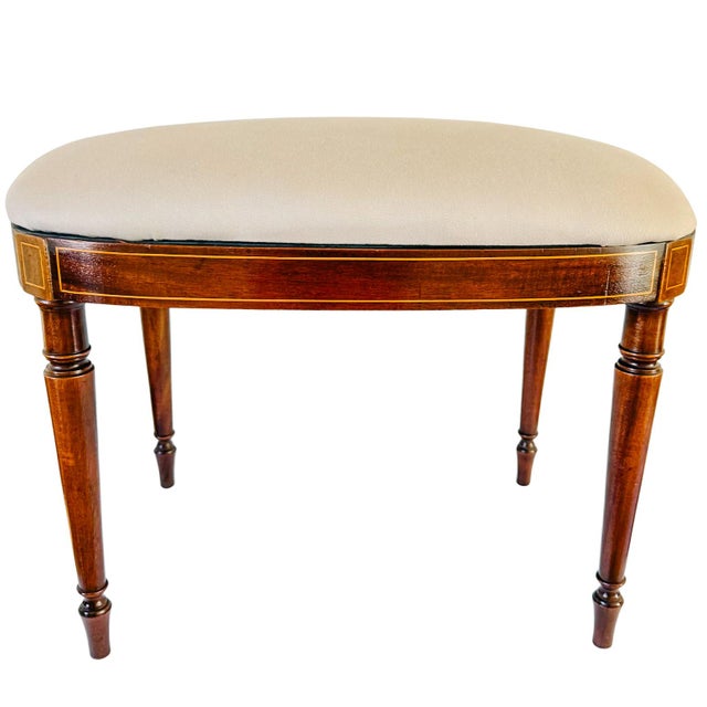 Antique English Edwardian Inlaid Mahogany Oval Bench Stool – Sheraton Revival Vanity Seat For Sale - Image 9 of 12