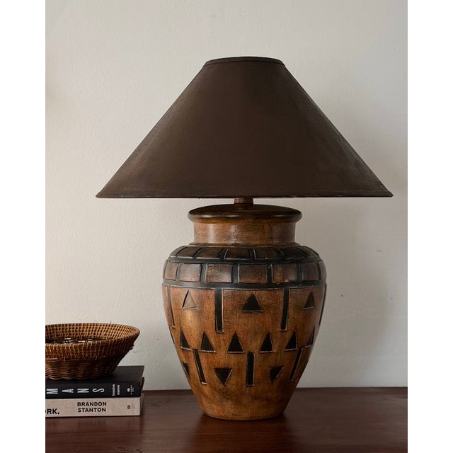 1980s Late 20th-Century Geometric Relief Earthenware Table Lamp For Sale - Image 5 of 11