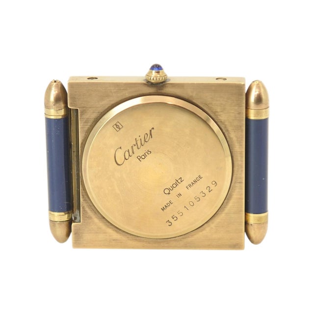 Folding Quartz Movement Alarm Clock in Gilt Metal and Blue Enamel from Cartier, 1980s, Set of 2 For Sale - Image 9 of 14