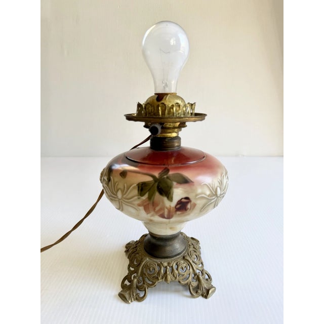 Victorian Early 20th Century Hand Painted Floral Gone With The Wind Oil Lamp Converted, w/ Nightlight For Sale - Image 3 of 18
