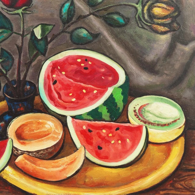 Contemporary 'Still Life of Roses With Fruit', Art Deco Style, Modernist Oil For Sale - Image 3 of 6