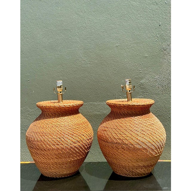 Late 20th Century Vintage Ralph Lauren Woven Rattan Table Lamps - A Pair For Sale - Image 5 of 14