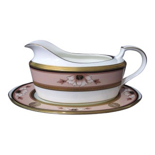 Vintage Noritake Commemoration Gravy Boat With Underplate Peach Gold Art Deco Retired For Sale