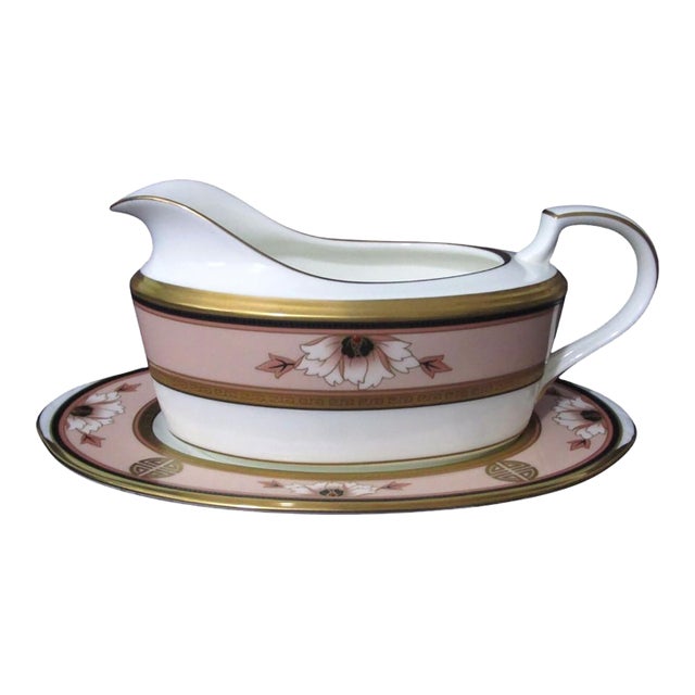 Vintage Noritake Commemoration Gravy Boat With Underplate Peach Gold Art Deco Retired For Sale