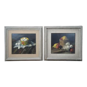 Mid Century Pair of Robert J Smith Still Life Oil Paintings on Board Framed 24"