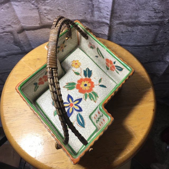 Japanese Vintage Hand Painted Floral Design 8 Sided Handled Basket For Sale - Image 3 of 13