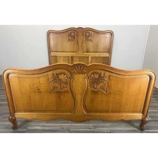 Vintage French Louis XVI Style Oak Double Bed Frame with Carved Headboard For Sale - Image 3 of 13