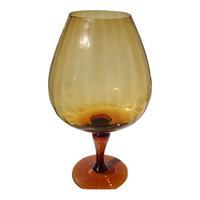 1970s Empoli Amber Glass Optic Ribbed Pedestal Snifter Vase For Sale