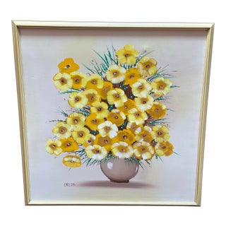 Vintage 1970s Boho California Textured Floral Art Painting - Signed by Carlson For Sale