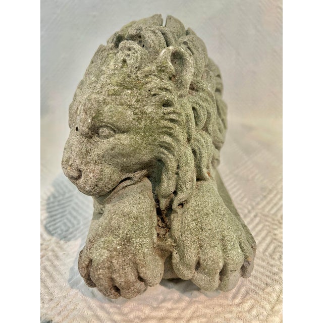 Vintage Weathered Concrete Recumbent Lion Garden Sculpture 16.5” For Sale - Image 4 of 10