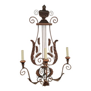 Vintage Huge Iron Rust Brown Lyre Harp 3 Arm Electric Wall Sconce Lamp Fixture For Sale