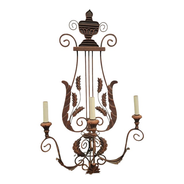 Vintage Huge Iron Rust Brown Lyre Harp 3 Arm Electric Wall Sconce Lamp Fixture For Sale