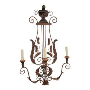 Vintage Huge Iron Rust Brown Lyre Harp 3 Arm Electric Wall Sconce Lamp Fixture