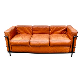 Vintage Petit Confort Le Corbusier for Cassina Three Seat Brown Leather Sofa, 1980's For Sale