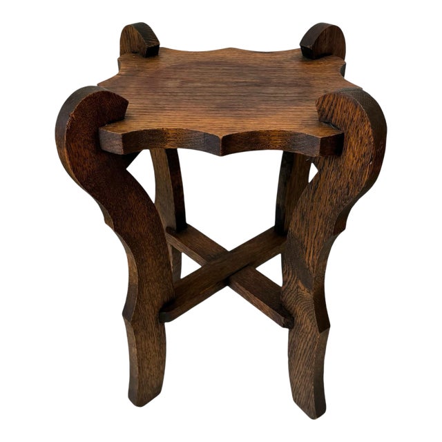 Vintage Arts & Crafts Plant Stand Petite Oak Side Table For Sale