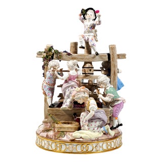 The Wine Press with 6 Winemaker Children Group by J.C. Schönheit for Meissen, 1850s For Sale