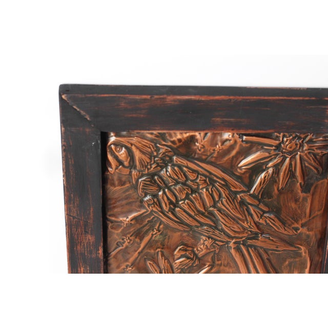 Mid-Century Parrot Copper Repoussé Plaque in Rustic Wood Frame For Sale In Lexington, KY - Image 6 of 14
