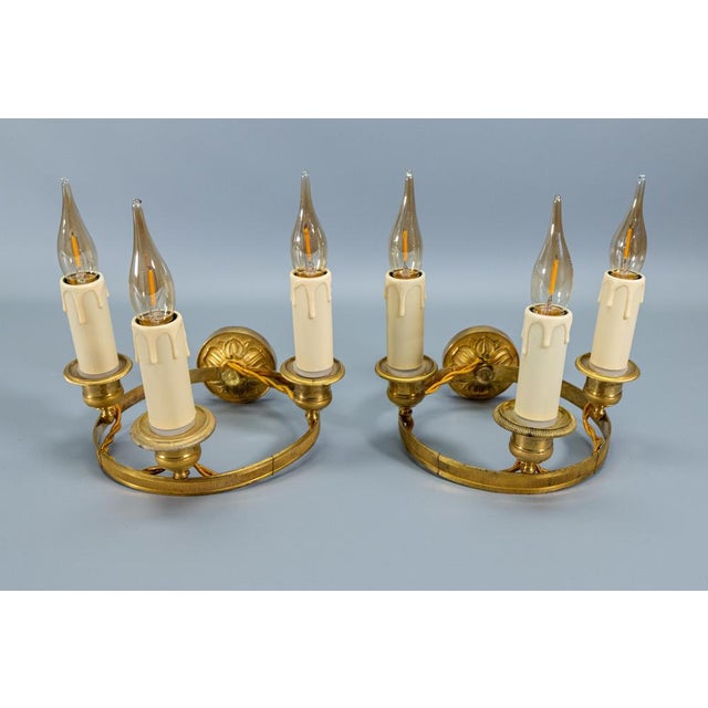 Empire French Brass and Bronze Three-Light Wall Sconces, 1920s, Set of 2 For Sale - Image 15 of 18