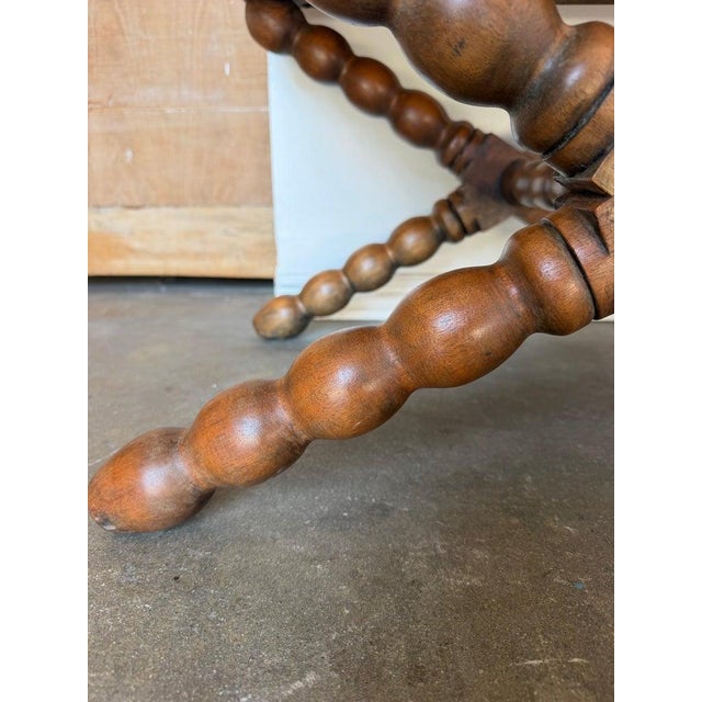 Pair of Spanish Colonial Baroque Bobbin - X-Base Stools With Distressed Leather For Sale - Image 10 of 15